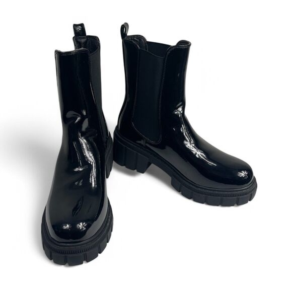 Black Patent Vegan Pull On Boots 10 Chunky Platform Gothic Fairy Grunge Rain - Picture 2 of 7